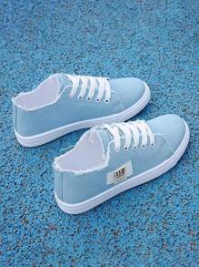 Women's Lightweight Canvas Flat Shoes With Lace-Up Design On The Front And Number Pattern On The Side, Women's Blue Shoes, Women's White Shoes, Women's Black Shoes, Suitable For Leisure, Shopping, Walking. It Is Suitable For Daily Wear In Spring And Autumn. - 藍色 - 查看 2