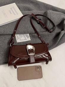 1pc Coffee PU Motorcycle Crossbody Bag, Niche Chic Sweet Hot Girl Design Shoulder Bag, High-End Quality Versatile Baguette Handbag