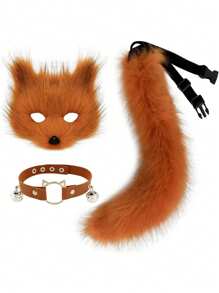 Faux Fur Fox Mask Wolf Cat Fluffy Tail And Leather Necklace Set Halloween Cosplay Party Costume Accessory, Rave - Multicolor - View 4