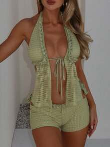Y2k Crochet Knitted Two Piece Outfit For Women Beach Vacation Clothes Outfit Sexy Hollow Out Tie Front Halter Backless Split Crop Tank Tops + Slim Fit Low Rise Mini Shorts Set Summer Club Beachwear 2 Piece Outfit - 綠色 - 查看 1