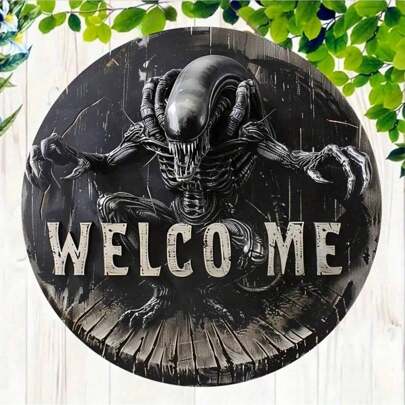 8x8 Inch Metal Alien Themed Welcome Sign, Versatile Decor For Room, Front Door, Porch, Holiday, Party, Housewarming Gift, Round Metal Sign, Home, Kitchen, Bar, Cafe, Garage Decoration, Random Hole Placement