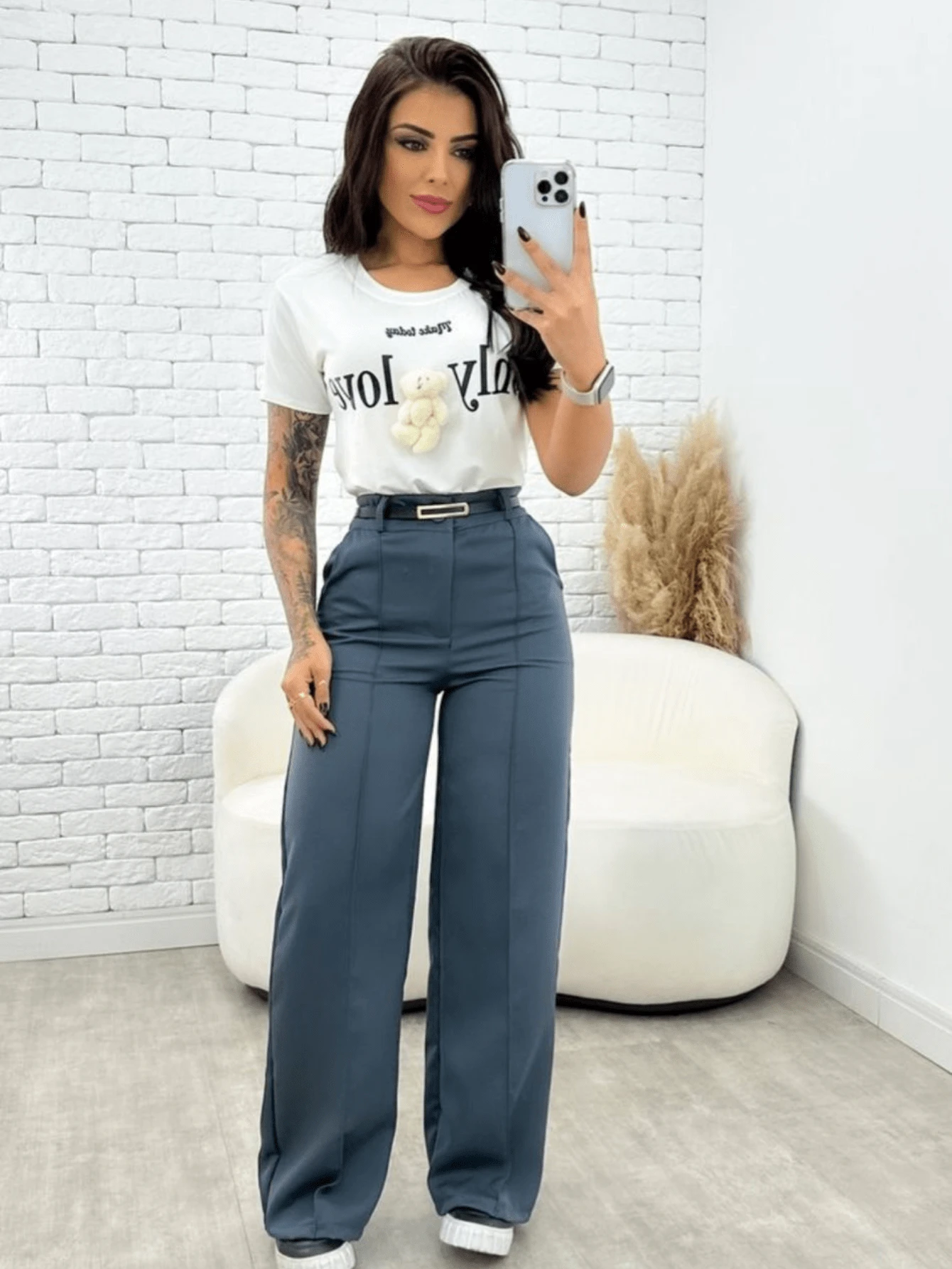 Tailored Wide Leg Pants With Belt Fall Spring 2025 - Gris - Ver 1