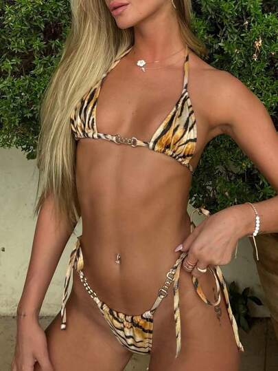 LUCKY HOLIDAY Fashionable Sexy Summer Beach Tie Strap Floral Print Triangle Bikini Swimwear Set