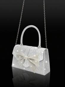闪亮优雅的迷你蝴蝶结女士晚装包，搭配精致奢华的水钻手链、项链和耳环四件套，简约时尚的纯色褶皱翻盖手提包，适合节日派对、舞会、聚会、宴会、婚礼，是新年的最佳礼物。 - 銀色 - 查看 5