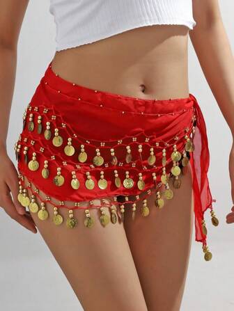 1pc Belly Dance Waist Chain Costume, Metal Net Waist Skirt Band With Decor, Coin Waist Belt For Dance Hip Scarf, Boho Style