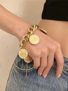 (Non-Metallic) 1pc Women's Chunky Chain Bracelet With Vintage Metal Coin Charms, Geometric Accessories Bracelet (Hand-Made, Length Customized, Random Charm Placement) - Yellow Gold - View 5