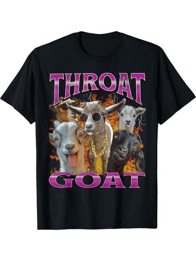 Shwiy Rolig "Throat Goat" Y2K-t-shirt med grafisk design - Stötande vuxenhumor, kortärmad, svart, avslappnad stickad t-shirt med meme-tryck, djärva lila bokstäver och lekfull getdesign, t-shirt med lekfull design och glansigt tyg
