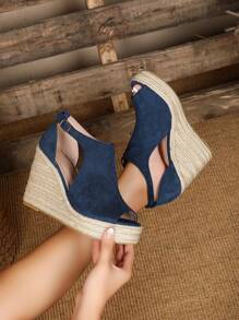Velvet Fashion Peep-Toe Button Closure Heel Rope Wedge Heel Closed Toe Women Shoes