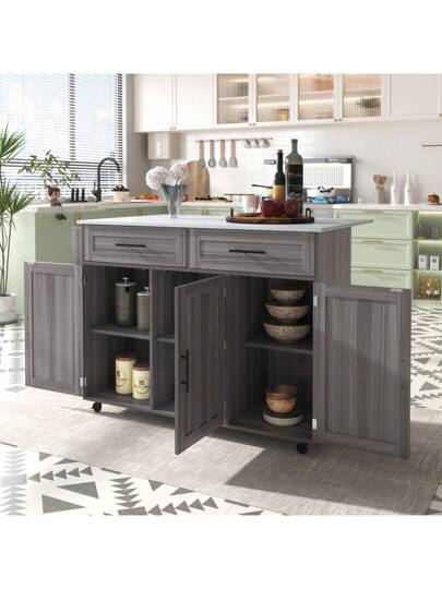 Kitchen Isl 129 71 91.5 Cm, Mobile Folding Tabletop, Drawers Storage Spaces, Trolley Metal Support Frame Height Adjustable Shelves, Kitchen, Dining Room