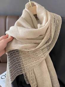 1pc Women Thin Scarf Shawl Suitable For Spring Autumn, Versatile, Artistic Style Travel Sun Protection Chiffon Neck Scarf, Suitable For Autumn/Winter For Dress - Beige - View 5
