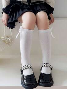 1 Pair Girls Ankle Length No-Heel Socks, Straight Cut, With Bow, Solid Color, Suitable For Princess, Students, Dance, Spring & Autumn - Multicolor - View 2