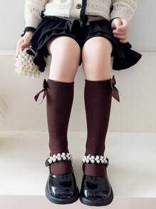 1 Pair Girls Ankle Length No-Heel Socks, Straight Cut, With Bow, Solid Color, Suitable For Princess, Students, Dance, Spring & Autumn - Multicolor - View 5