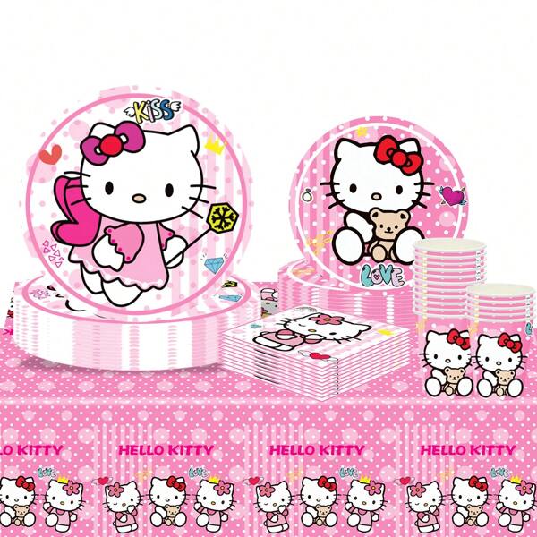 Sanrio Decoración de fiesta de cumpleaños con tema de Hello Kitty de Sanrio, que incluye mantel, vasos de papel, servilletas de papel, platos y suministros desechables para mesa con figuras de dibujos animados y anime