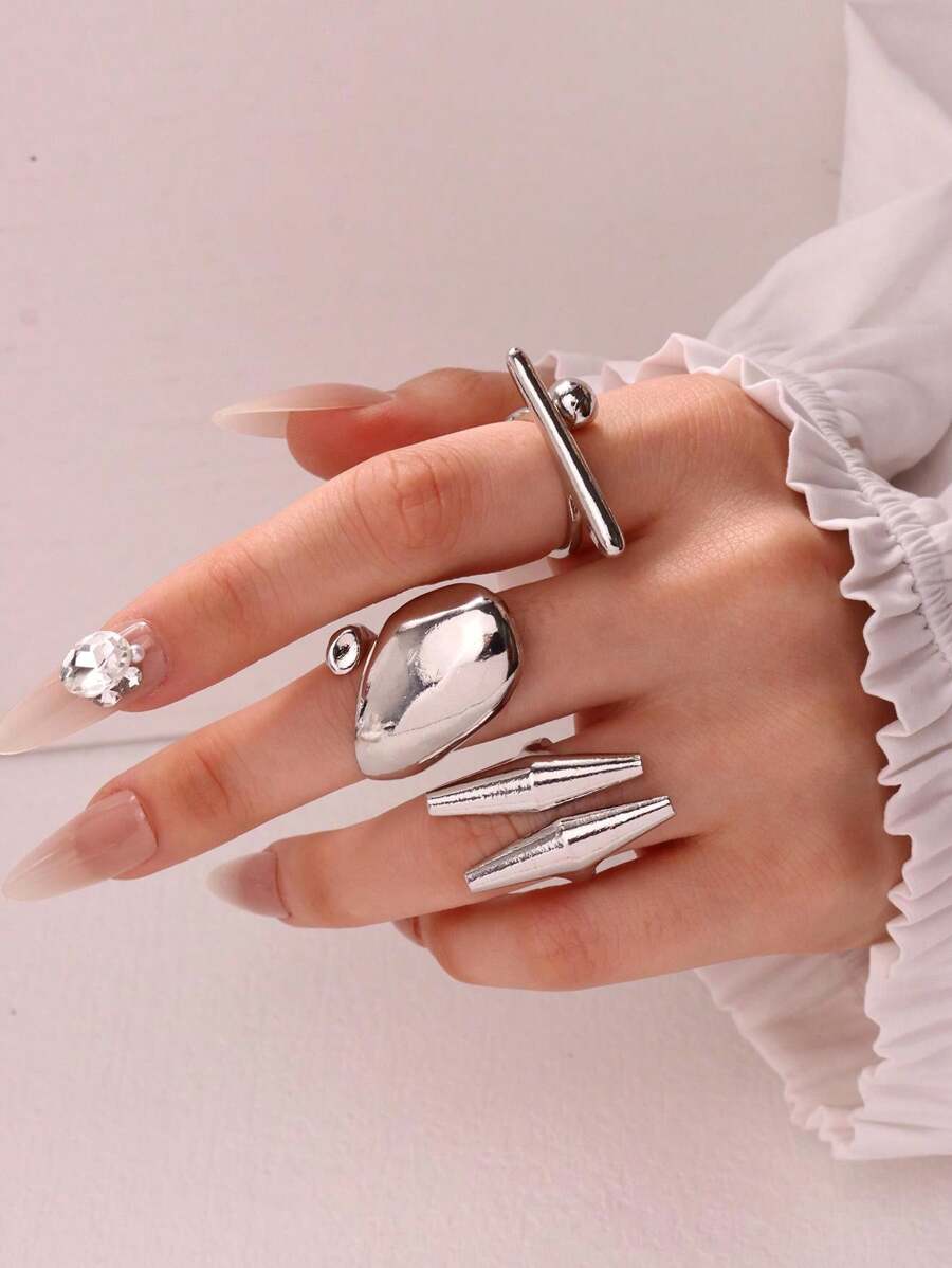 Bộ 3 chiếc/Bộ nhẫn hình học bất đối xứng bạc tối giản thời trang, quà tặng lễ hội đa năng cho phụ nữ, trang sức dự tiệc - Nhiều màu - Xem 1