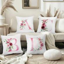 1pc Alphabet Floral Pillow Cover - A To Z English Letters Pink Print, 18x18 Inches - Contemporary Throw Pillow Case For Sofa, Living Room, Bedroom Decor - Single-Sided Printing, No Insert - For Home Decor Enthusiasts