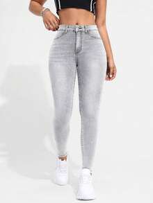 High Waist Skinny Jeans, Single-Breasted Button Skinny Jeans, High Elasticity, Denim Jeans And Women's Clothing - 灰色 - 查看 3