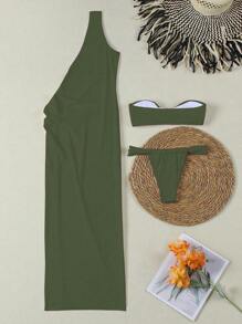 New Arrival Spring/Summer European And American Elegant Sexy Solid Olive Green 3-Piece Women Bikini Swimsuit & Beach Dress, Suitable For Vacation, Party, Date - Army Green - View 5