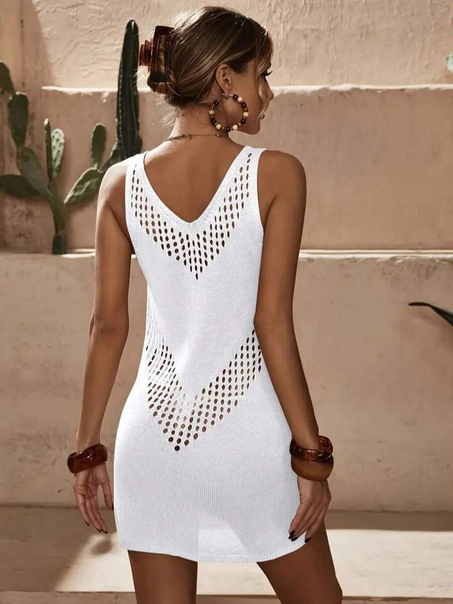 Ausgefallenes geometrisches Muster Strick Überzugkleid, Damen ärmelloses Strick Tankkleider Mini Strandkleid für Frühling/Sommer Urlaub