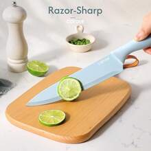 CAROTE 11 Pieces Knife Set With Block For Kitchen, Stainless Steel Razor-Sharp Blade, Triple Riveted Ergonomic Handle, Wooden Magnetic Block, Essential Knife Block Set, Beigeprompt Goods - 藍色 - 查看 5