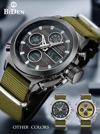 BIDEN Men's Watch, Dual Display Multifunctional Men's Sports Luminous Electronic Watch, 3ATM Waterproof