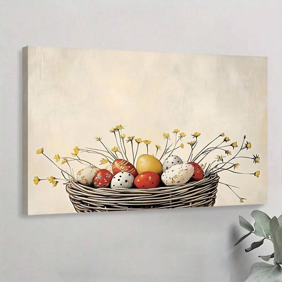 1pc Framed Canvas Poster, Easter Eggs Wall Art Canvas Paintings, Ideal Gift For Bedroom Living Room Corridor, Wall Art, Room Decoration - 彩色 - 查看 1