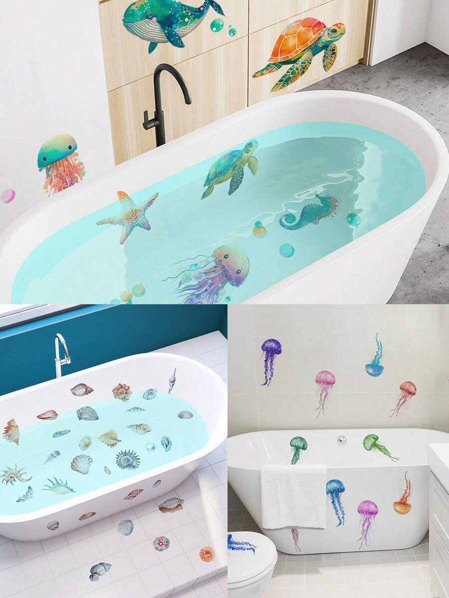 6 Blatt pro Set dekorative Badewannenaufkleber mit Motiven von Meeresschildkröte, Qualle, Walfischmuschel, Badezimmerdekoration, selbstklebend, blumenförmig, rutschfest, abnehmbare PVC Badewannenaufkleber, personalisierte Aufkleber