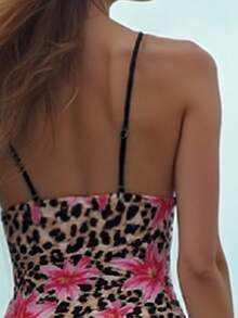 Women's Leopard & Lily Print Front Ring Decor Hollow Sexy One-Piece Swimsuit, Suitable For Beach, Swimming, Holiday, For Summer Vacation - Multicolor - View 5