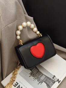 1pc Pu Magnetic Opening And Closing Square Bag Princess Style Exquisite Love Sweet Style Pearl Chain Crossbody Bag Cute Coin Purse Korean Style Versatile Shoulder Strap Casual Comfortable Smooth Long Versatile Suitable For Daily Shopping Travel Use - Heart Pearl Crossbody Bag - View 6