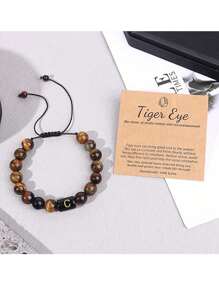 1pc First Letter Bracelet For Men, Letter Link Handmade Tiger Eye Black Agate Stone Bead Woven Rope, Meaningful Bracelet, Birthday Father's Day Gift For Men, Husband, Father