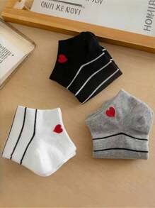 3 Pairs Assorted New Design Casual Heart & Stripe Print Women Short Socks, Cute Outdoor Socks