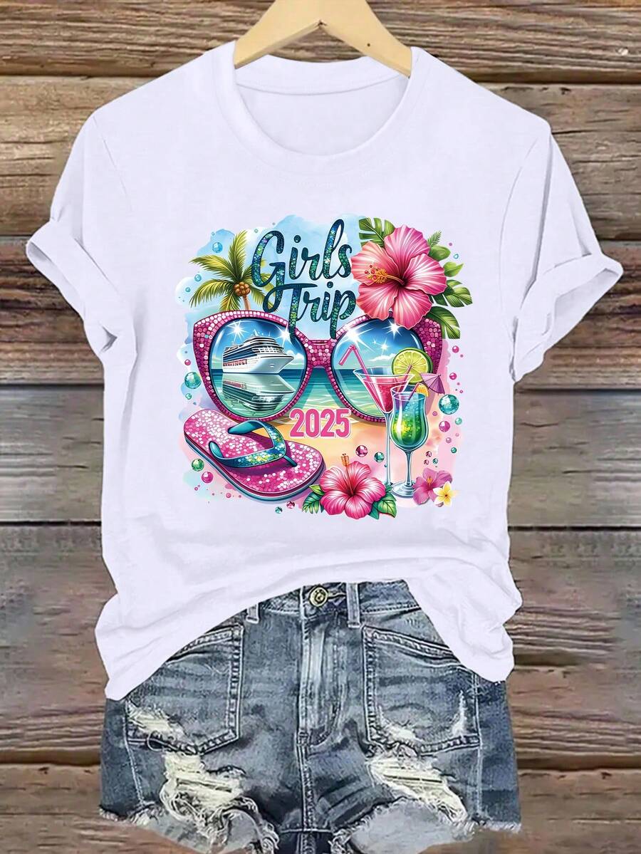 Girls Trip 2025 Women's Casual Round Neck Short Sleeve T-Shirt, Summer Travel & Vacation Tee, Gift For Girlfriend, Single Party Cruise Gift - White - View 1
