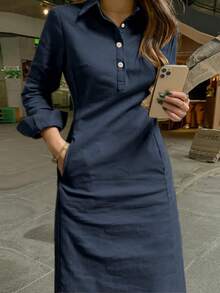 春秋新款时尚优雅翻领纽扣长袖女式阿拉伯连衣裙 - 藏蓝色 - 查看 7