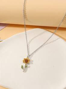 Goodwaro 1pc Delicate Rhinestone Inlaid Choker Necklace, Sunflower & Blessing Pendant, Women