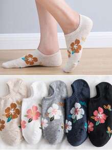 5 Pairs Women's New Arrival Floral Flat Socks, Ins Style Low Vamp Design With Cartoon Pattern, Boat Socks, No Show Socks Style, Spring/Summer - Multicolor - View 2