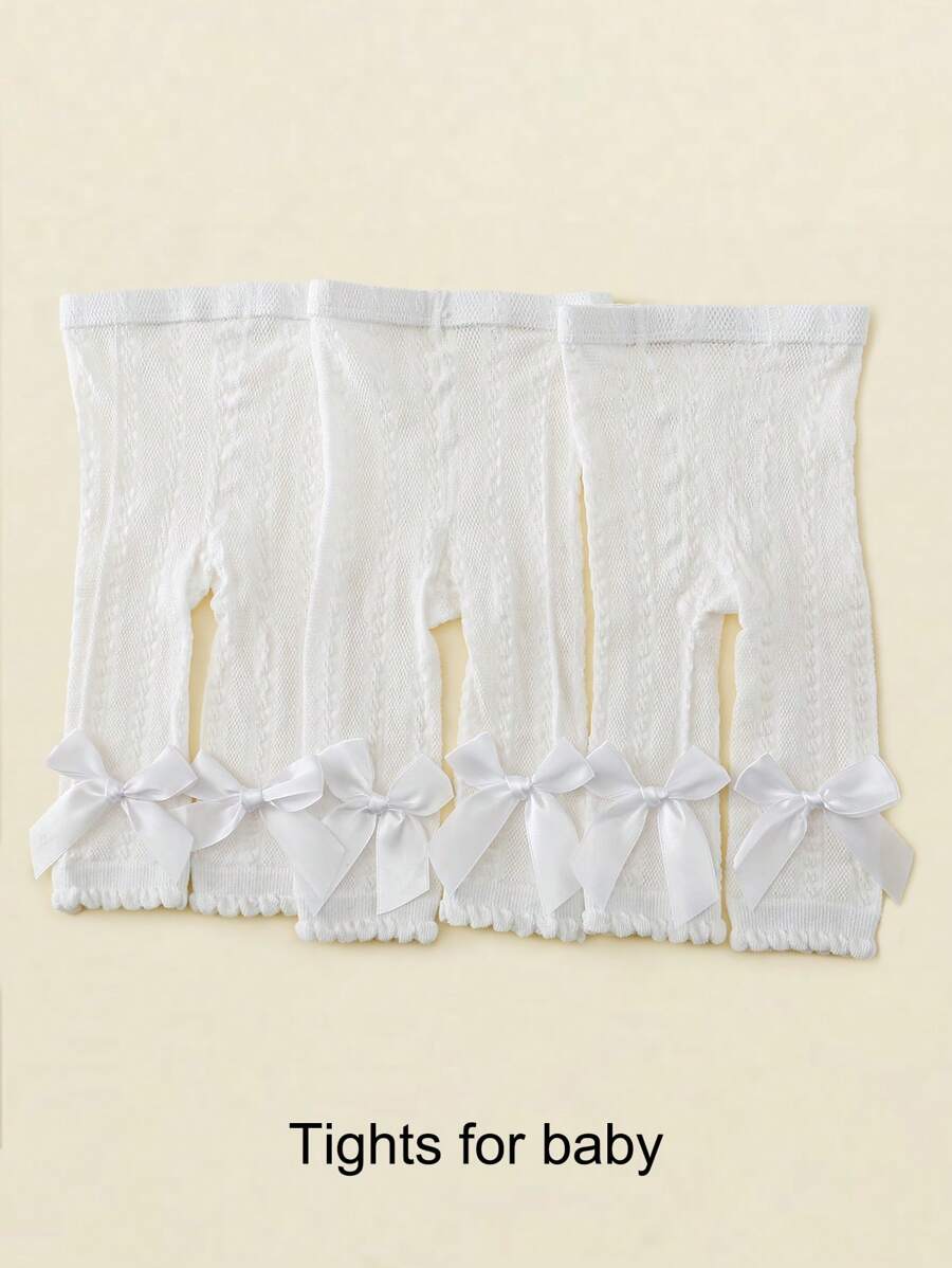 3 Pairs Toddler Girls' Bow Decor Mesh Leggings, White 7/8 Length Tights, Elastic Skinny Pants, Suitable For Daily Wear