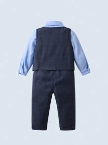 BOARNSEORL 3pcs Young Boys Gentleman Outfit - Blue Long Sleeve Shirt, Plaid Vest With Bow Tie, And Pants, Fashionable And Elegant For Formal Occasions Like Parties, Weddings, And Celebrations - Blue - View 3