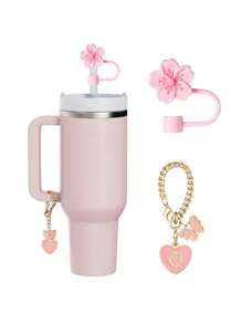 兼容 杯配件 1 件黑粉色吸管盖，用于杯吸管盖，1 件可爱心形字母和圆形字母饰物，适用于 30&40 盎司带手柄玻璃杯，字母饰物配件的长度为 3.94 英寸。个性化字母配件