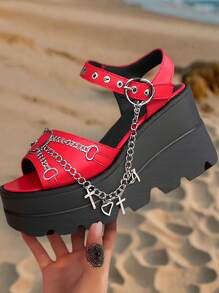 Y2K Style Punk Gothic Women's Platform Chain Sandals Red Chunky Heel Sandals With Heart & Charm Detailing Summer Open Toe Casual Sandals For Daily & Beach Vacation Shoes - Đỏ - Xem 5