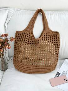 Fashionable Hollow Out Knitted Women's Bag, Casual Crochet Tote Bag, Mother's Day Gift For Mom, Suitable For Graduation, College Students, Outdoor, Travel And Back To School, Large Capacity, Foldable