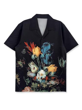 1pc Men's Black Floral Pattern Casual Shirt, Oil Painting Style Flowers, Valentine's Day Gift, Suitable For Holiday Outings, Short Sleeve