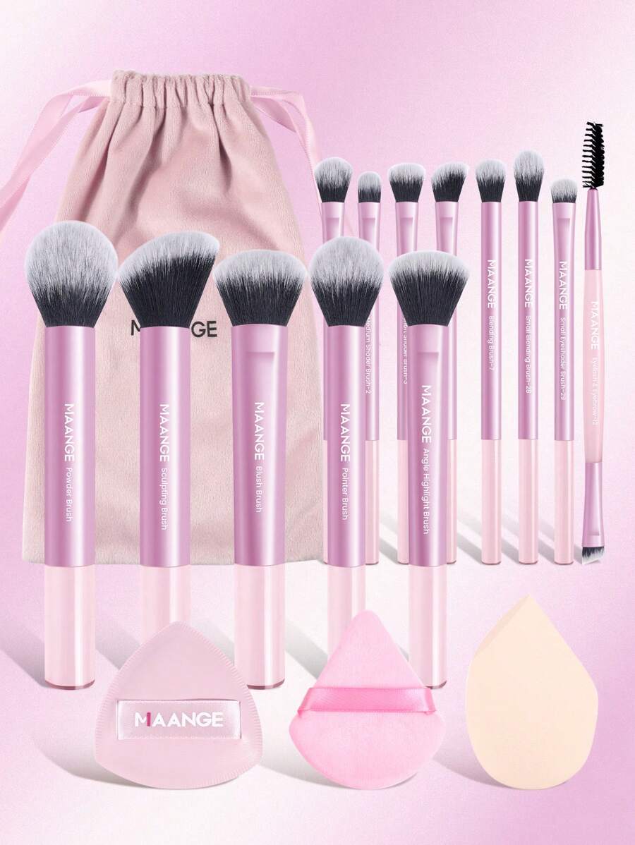 MAANGE 13pcs Aluminum Tube Makeup Brushes & 3pcs Powder Puff Accessories & Velvet Bag, Large Blush, Powder, Foundation, Contour, Eyeshadow Brush & Shadow, Smudge, Highlight, Concealer, Small Contour, Eyebrow, Eyelash, Blending Brush, Makeup Sponge, Triangle Powder Puff, Triangle Air Cushion Powder Puff, Skin Friendly, For Easy Carrying, Set For Travel, Gift For Women & Girls - 粉色 - 查看 1