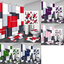 1pc/4pcs Bohemian Marble Block Geometric Shower Curtain Set, Vintage Elegant Marble Block Print Shower Curtain, Creating Unique Bathroom Decor. Waterproof Shower Curtain With 12 Hooks, Bath Mat, Toilet U-Shaped Pad, Toilet Lid Cover, Bathroom Partition, Bathroom Accessories, Bathroom Decoration