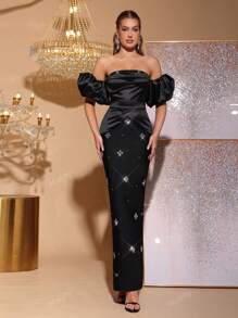 Nuovo arrivo abito da donna nero con decorazioni in paillettes, sexy con spalle scoperte e schiena scoperta, maniche a lanterna, vestito fasciante. Adatto per matrimoni, feste e occasioni formali. Abito da festa, abito da ospite di matrimonio, abito da sera, vestito da cerimonia.