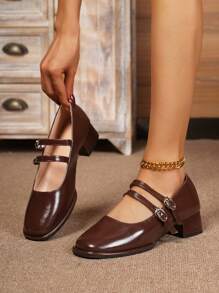 时尚女士简约百搭双扣粗跟玛丽珍鞋，红色高跟鞋，紫罗兰纯色女士平底鞋 - 咖色 - 查看 6