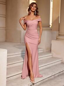 ADYCE 露肩优雅荷叶边高开衩正式长裙，适合情人节穿着 - 藕粉色 - 查看 7