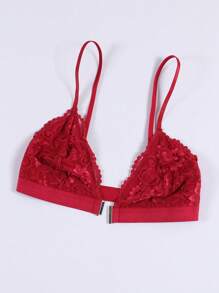 Women's Lace Trim Wireless Front Closure Bra, Floral Pattern Comfortable Lingerie - Red - View 6
