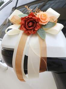1PC Rose Flower Rearview Mirror Decoration Flower Wedding Car Flower Wedding Scene Decoration, Staircase Handrails, Corridor Door Handle Bow Rose Decoration - Multicolor - View 16