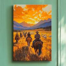 1pc Western Wall Art Framed Canvas Wall Art Poster Neutral People Riding Horses In A Field Wall Art For Living Room Bedroom Bathroom Kitchen Apartment Hotel, Artful Home Decoration - Framed, Vertical