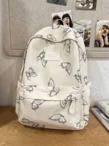 1pc White Nylon Casual Lightweight Butterfly Allover Print Large Capacity Foldable Water-Resistant Multipocket Zipper Backpack, Suitable For Teenagers, High School & College Students, Daily Commute, Travel, Graduation Gift
