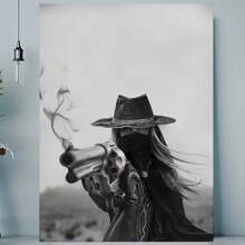 Framed 1pc Western Cowgirl With Six-Shooter Revolver, Wild West Frontier, Vintage Western Style, Bar Decor, American Theme, Farmhouse Art Poster, Fun Canvas Wall Art For Home, Bedroom, Kitchen, Living Room, Bathroom, Hotel, Cafe, Office Decoration